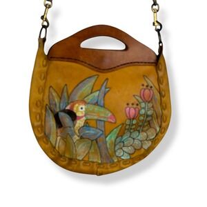 Unique Vintage Leather Handbag Embossed Toucan Tropical Floral Design Boho Purse